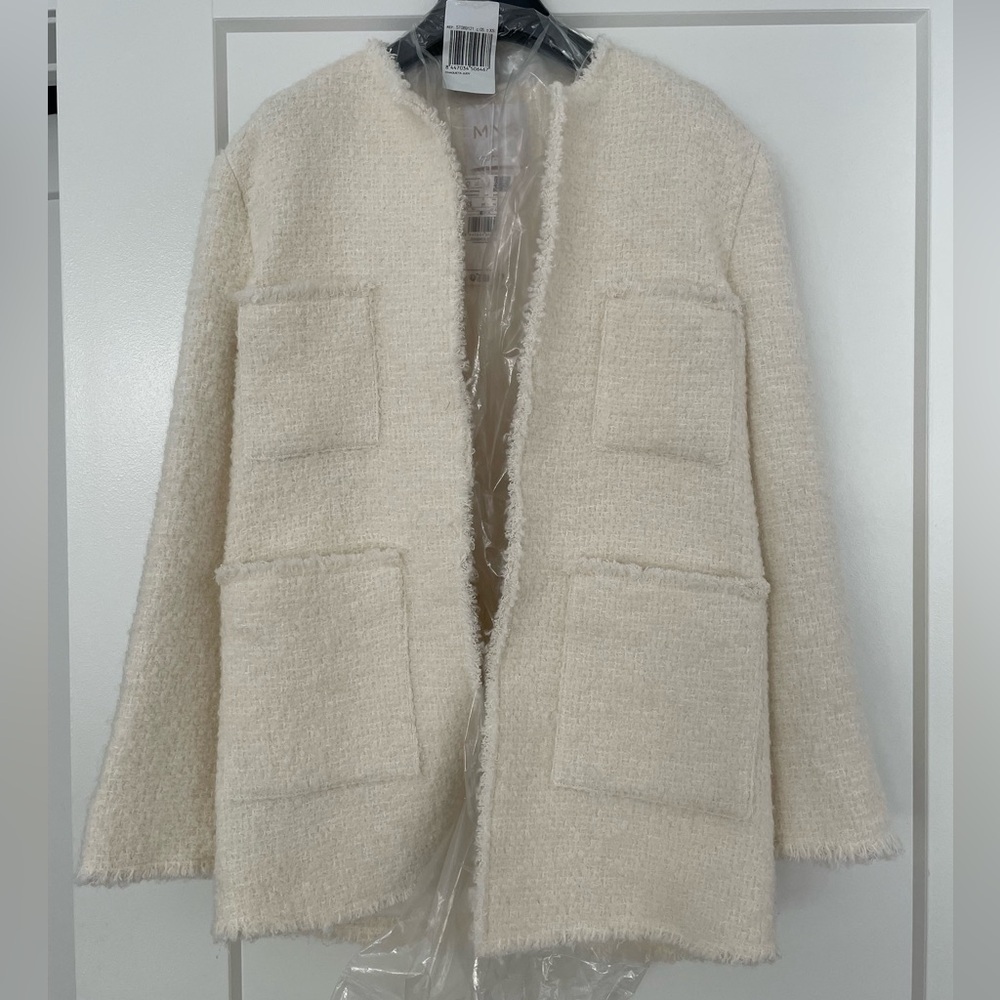 Mango Wool Blend Cream Boucle Textured Women's Blazer Jacket Small Medium NWT